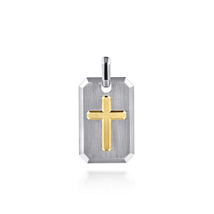 925 Sterling Silver and 14K Yellow Gold Dog Tag With Cross Pendant