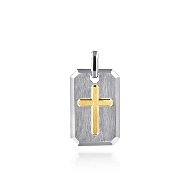 925 Sterling Silver and 14K Yellow Gold Dog Tag With Cross Pendant - Shot 1