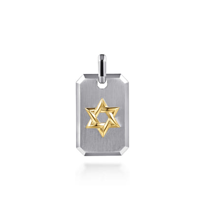 925 Sterling Silver and 14K Yellow Gold Dog Tag With Star of David Pendant