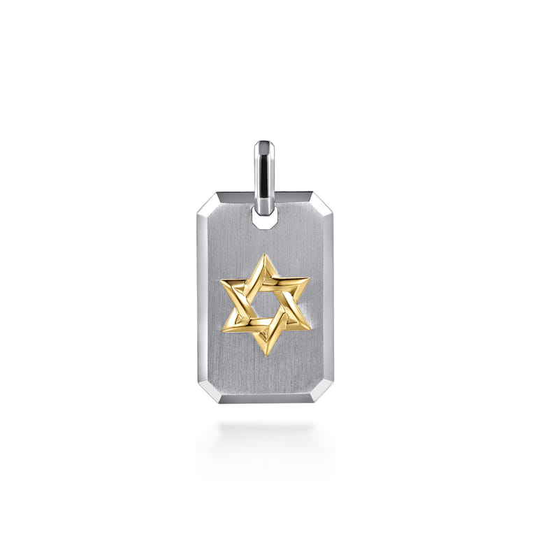 925 Sterling Silver and 14K Yellow Gold Dog Tag With Star of David Pendant - Shot 1