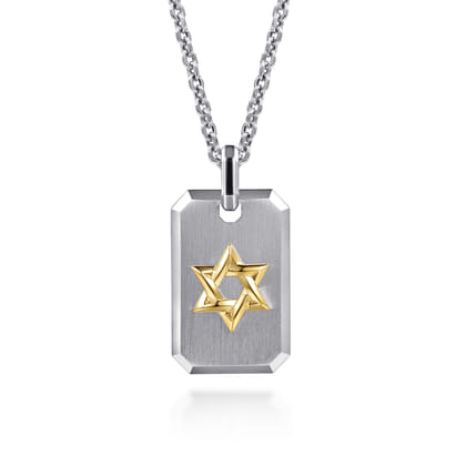 925 Sterling Silver and 14K Yellow Gold Dog Tag With Star of David Pendant