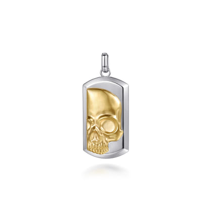 925 Sterling Silver and 14K Yellow Gold Dog tag Pendant With Skull
