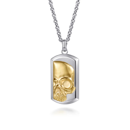 925 Sterling Silver and 14K Yellow Gold Dog tag Pendant With Skull