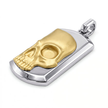 925 Sterling Silver and 14K Yellow Gold Dog tag Pendant With Skull