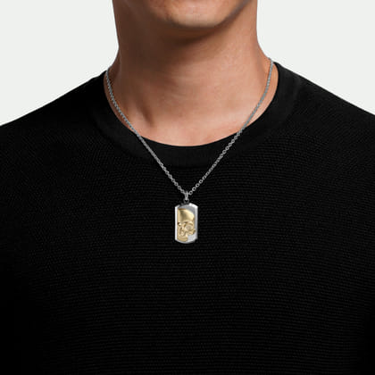 925 Sterling Silver and 14K Yellow Gold Dog tag Pendant With Skull