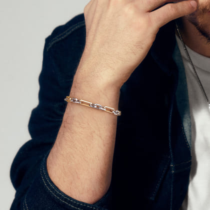 925 Sterling Silver and 14K Yellow Gold Figaro Chain Bracelet