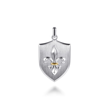 925 Sterling Silver and 14K Yellow Gold Fleur De Lis Dog Tag Pendant