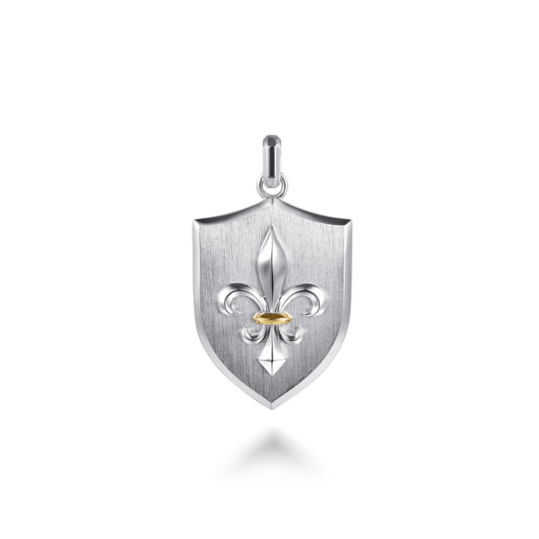 925 Sterling Silver and 14K Yellow Gold Fleur De Lis Dog Tag Pendant - Shot 1