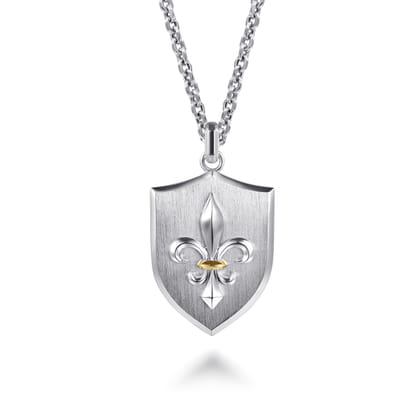 925 Sterling Silver and 14K Yellow Gold Fleur De Lis Dog Tag Pendant