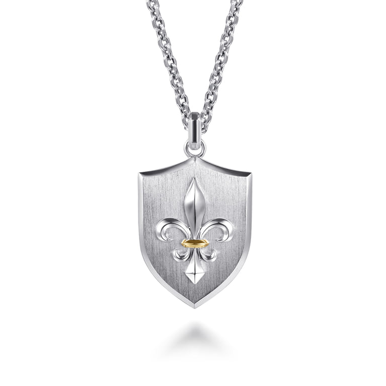 925 Sterling Silver and 14K Yellow Gold Fleur De Lis Dog Tag Pendant - Shot 3