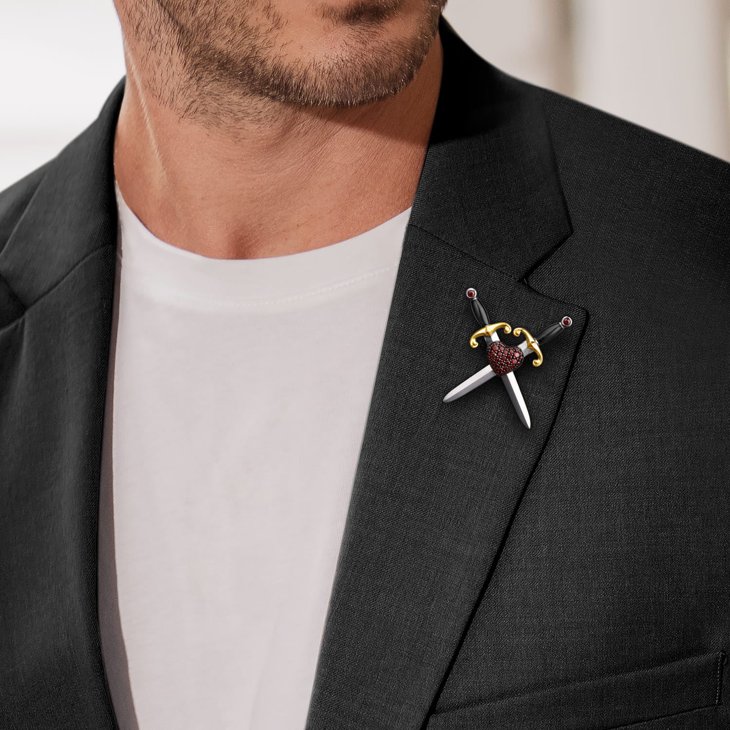 925 Sterling Silver and 14K Yellow Gold Garnet Dagger Mens Pin With Black Enamel - Shot 3