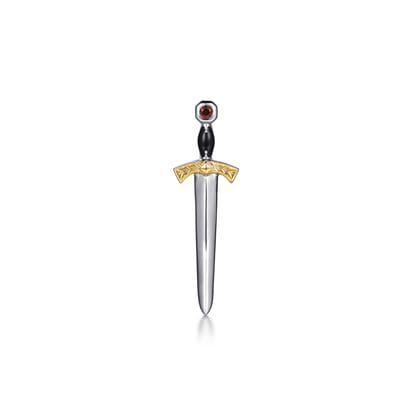925 Sterling Silver and 14K Yellow Gold Garnet Dagger Mens Pin with Black Enamel