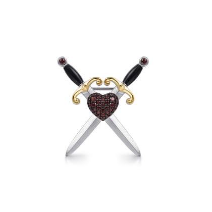 925 Sterling Silver and 14K Yellow Gold Garnet Dagger Mens Pin with Black Enamel