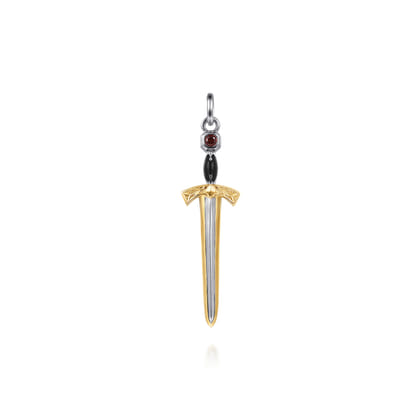 925 Sterling Silver and 14K Yellow Gold Garnet Dagger Pendant With Enamel