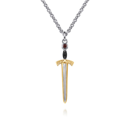 925 Sterling Silver and 14K Yellow Gold Garnet Dagger Pendant With Enamel