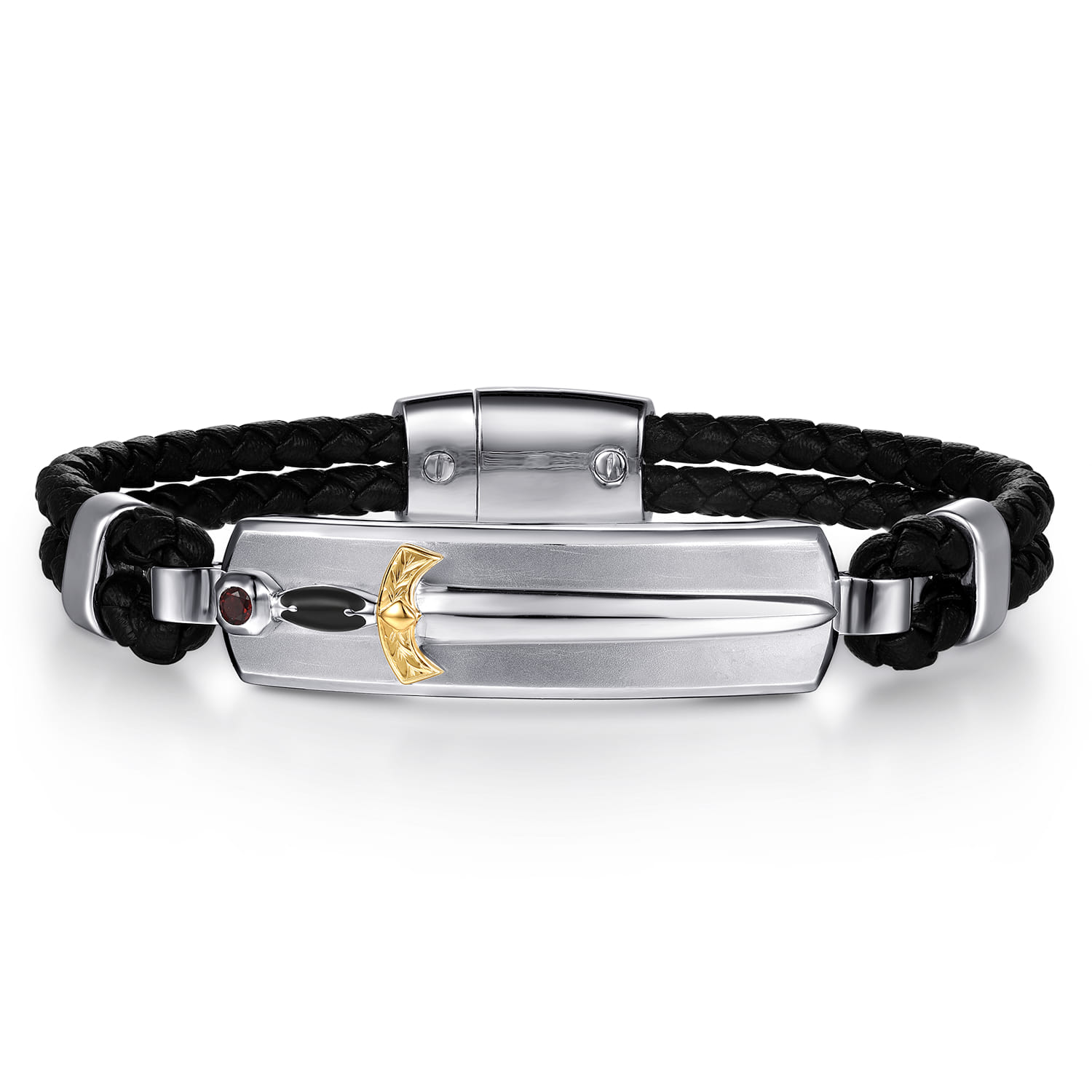 925 Sterling Silver and 14K Yellow Gold Garnet Leather with Dagger ID Bracelet - Shot 1