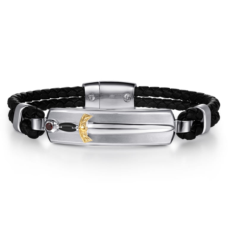 925 Sterling Silver and 14K Yellow Gold Garnet Leather with Dagger ID Bracelet - Shot 1