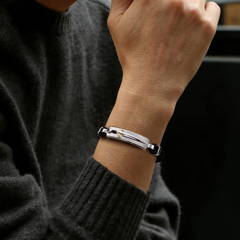 925 Sterling Silver and 14K Yellow Gold Garnet Leather with Dagger ID Bracelet - Shot 4