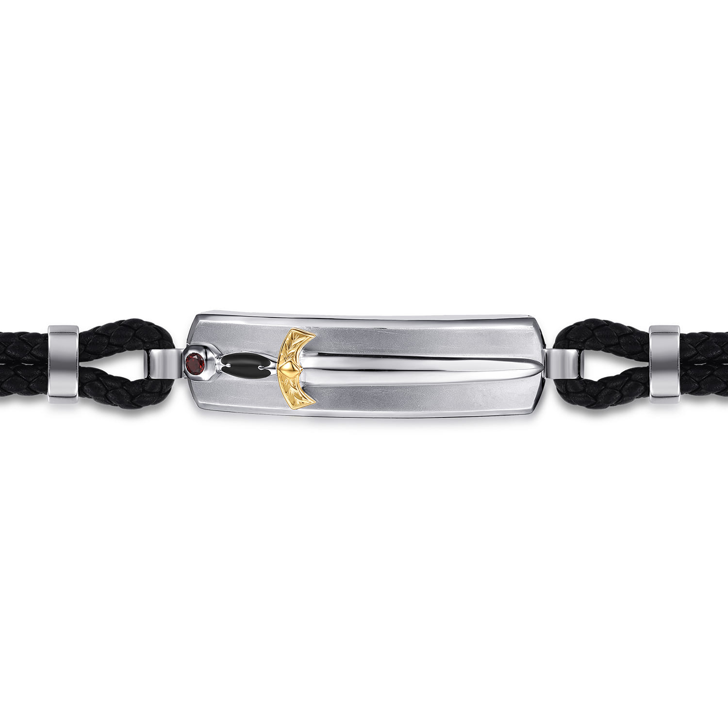925 Sterling Silver and 14K Yellow Gold Garnet Leather with Dagger ID Bracelet - Shot 2