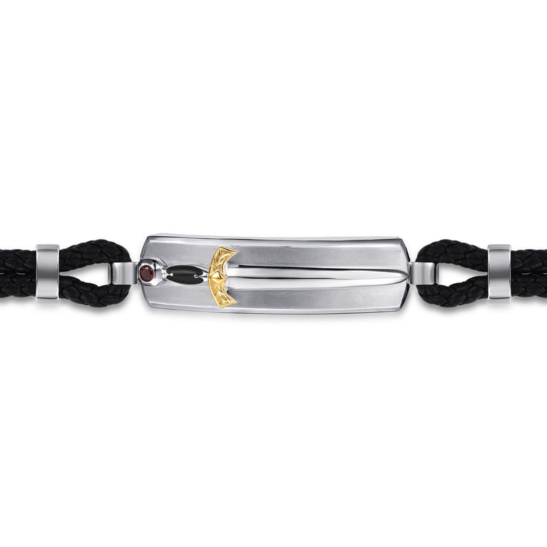 925 Sterling Silver and 14K Yellow Gold Garnet Leather with Dagger ID Bracelet - Shot 2