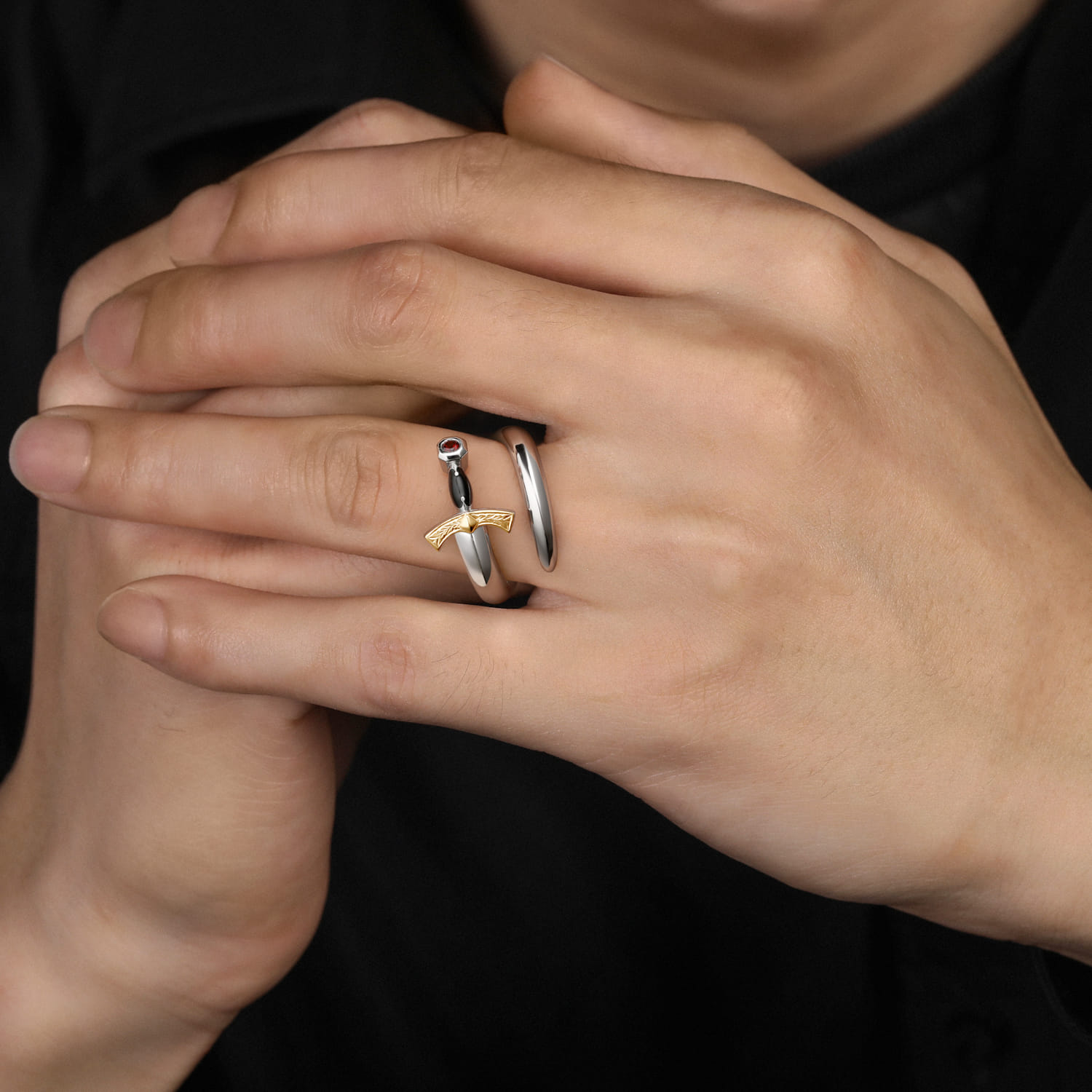 925 Sterling Silver and 14K Yellow Gold Garnet and Enamel Dagger Wrap Ring - Shot 6