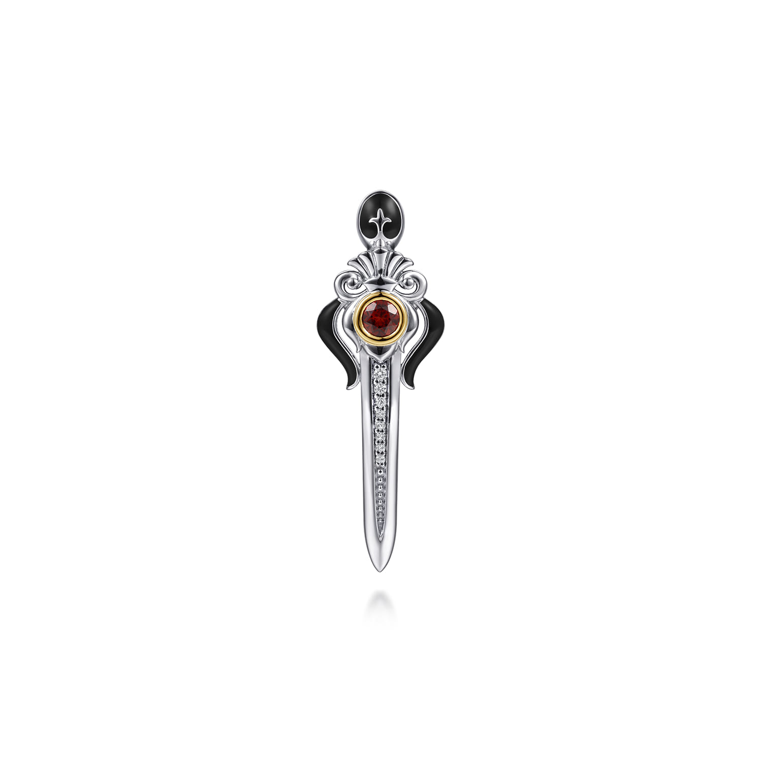 925 Sterling Silver and 14K Yellow Gold Garnet and White Sapphire Dagger Mens Pin With Black Enamel - Shot 1