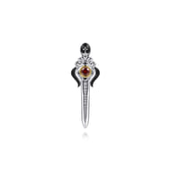925 Sterling Silver and 14K Yellow Gold Garnet and White Sapphire Dagger Mens Pin With Black Enamel