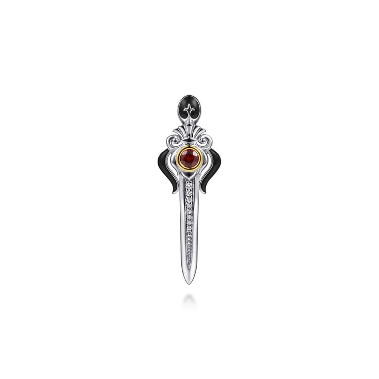925 Sterling Silver and 14K Yellow Gold Garnet and White Sapphire Dagger Mens Pin With Black Enamel - Shot 1