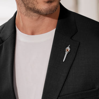 925 Sterling Silver and 14K Yellow Gold Garnet and White Sapphire Dagger Mens Pin With Black Enamel