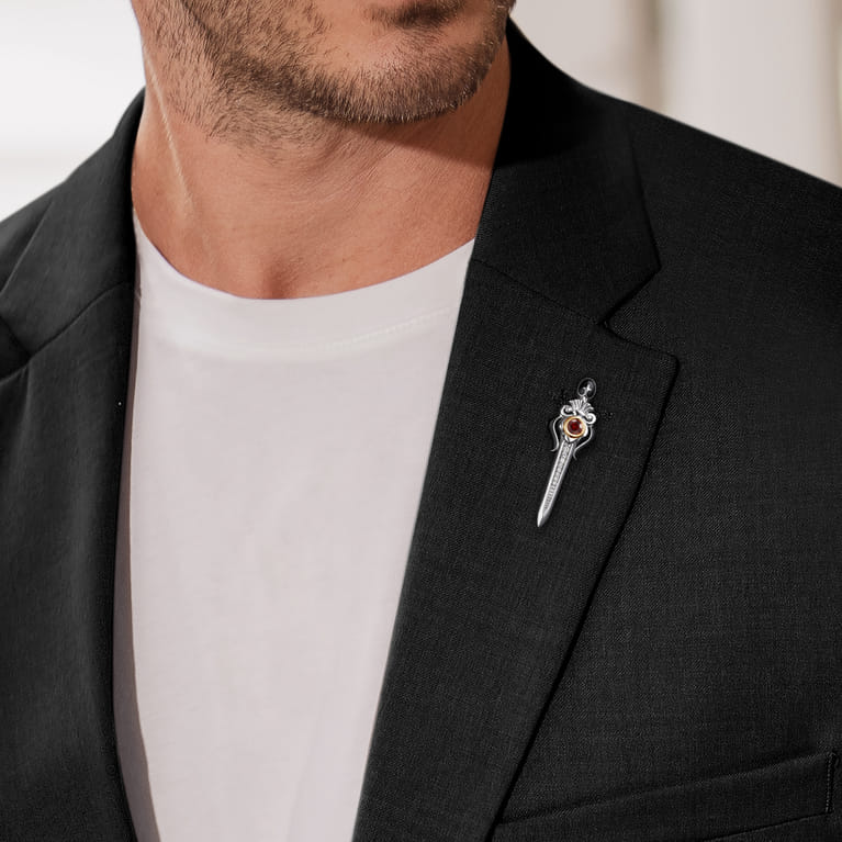 925 Sterling Silver and 14K Yellow Gold Garnet and White Sapphire Dagger Mens Pin With Black Enamel - Shot 4