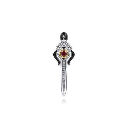 925 Sterling Silver and 14K Yellow Gold Garnet and White Sapphire Dagger Mens Pin with Black Enamel