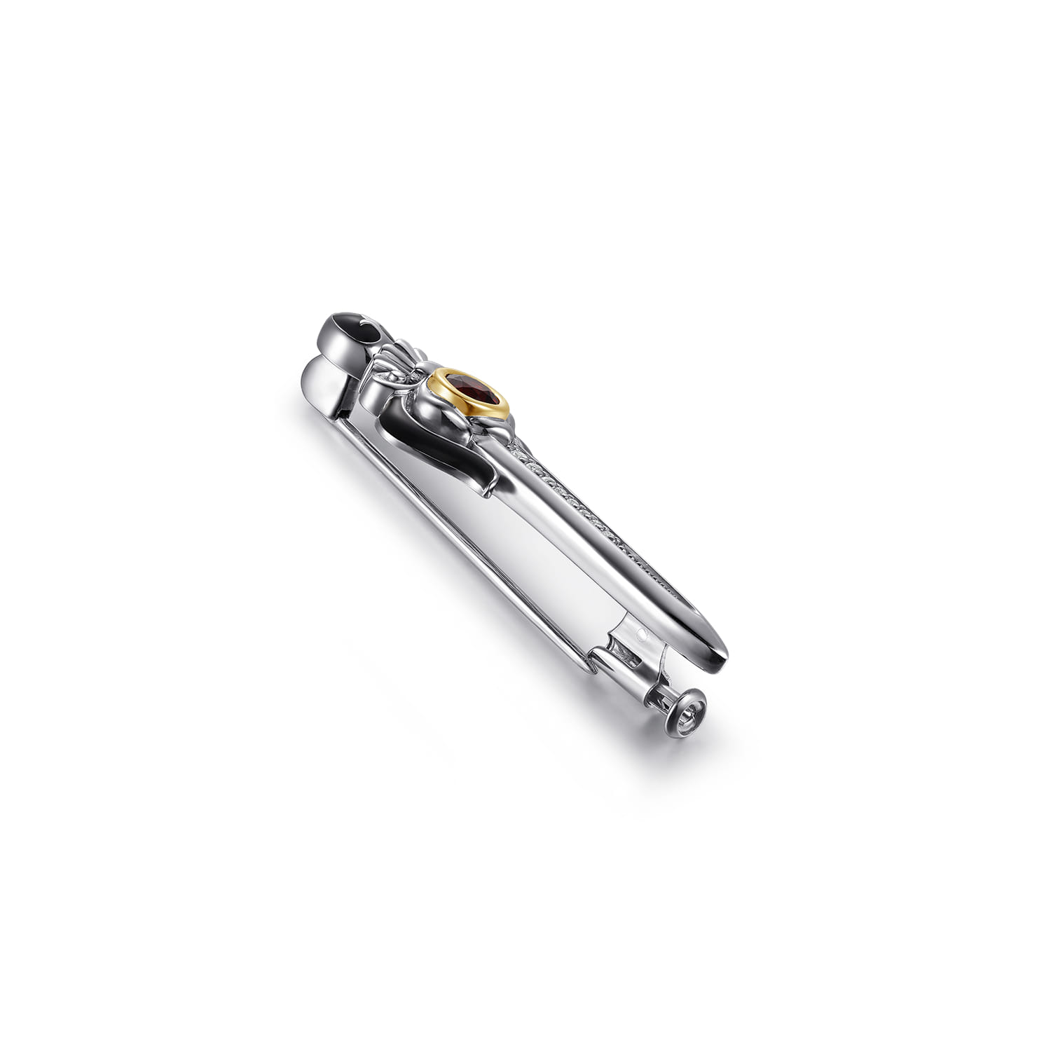 925 Sterling Silver and 14K Yellow Gold Garnet and White Sapphire Dagger Mens Pin with Black Enamel - Shot 3
