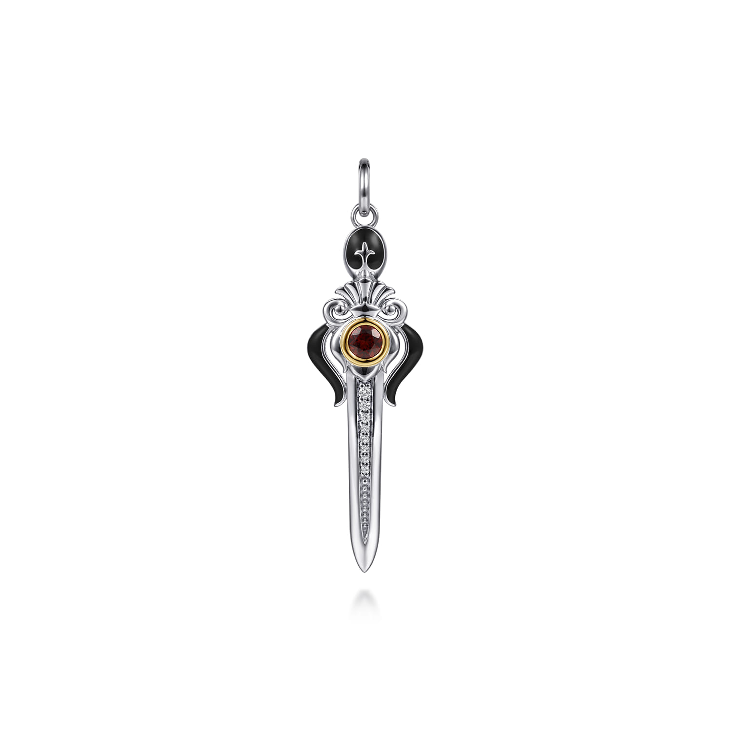 925 Sterling Silver and 14K Yellow Gold Garnet and White Sapphire Dagger Pendant With Black Enamel - Shot 1