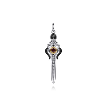 925 Sterling Silver and 14K Yellow Gold Garnet and White Sapphire Dagger Pendant With Black Enamel