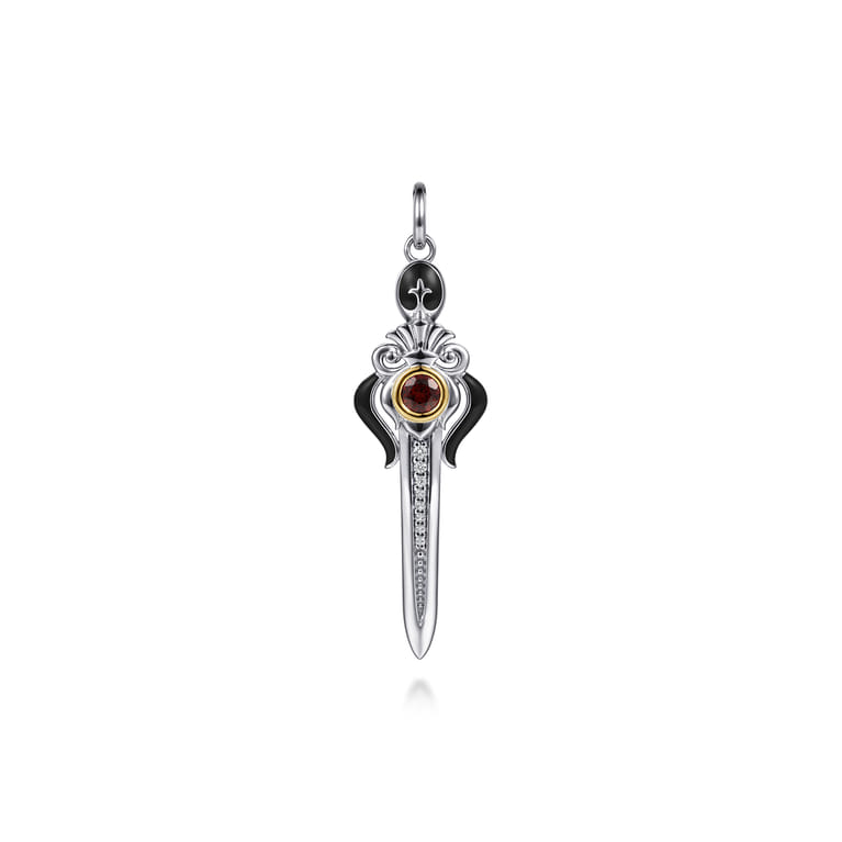 925 Sterling Silver and 14K Yellow Gold Garnet and White Sapphire Dagger Pendant With Black Enamel - Shot 1