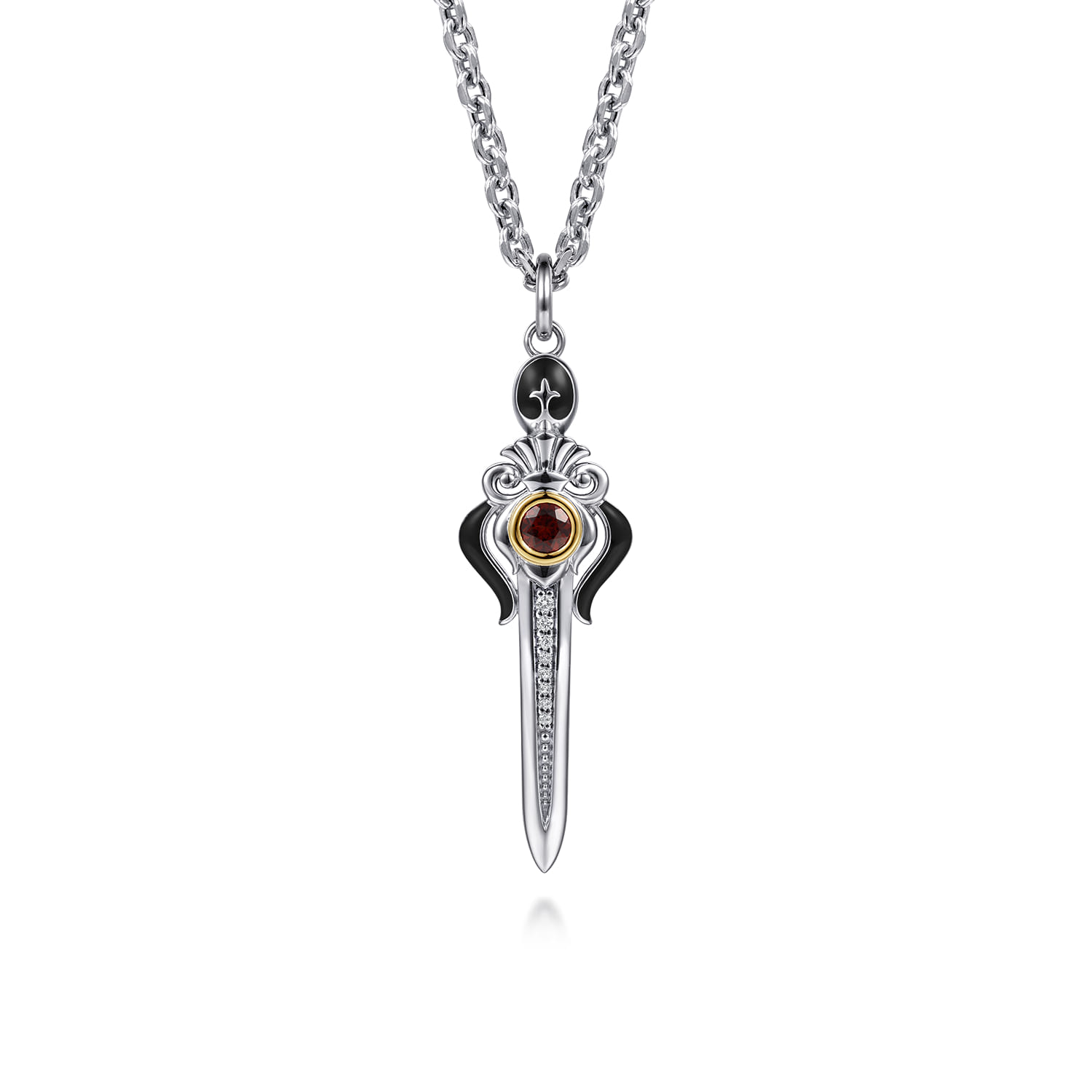 925 Sterling Silver and 14K Yellow Gold Garnet and White Sapphire Dagger Pendant With Black Enamel - Shot 3