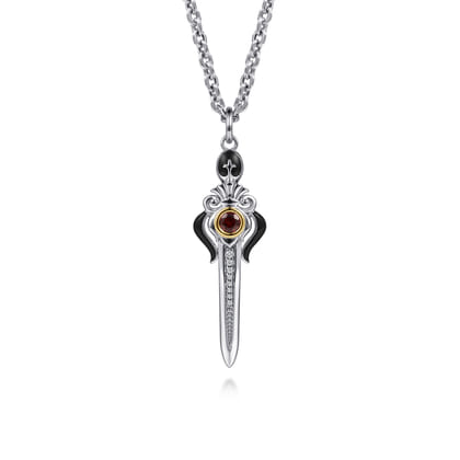 925 Sterling Silver and 14K Yellow Gold Garnet and White Sapphire Dagger Pendant with Black Enamel