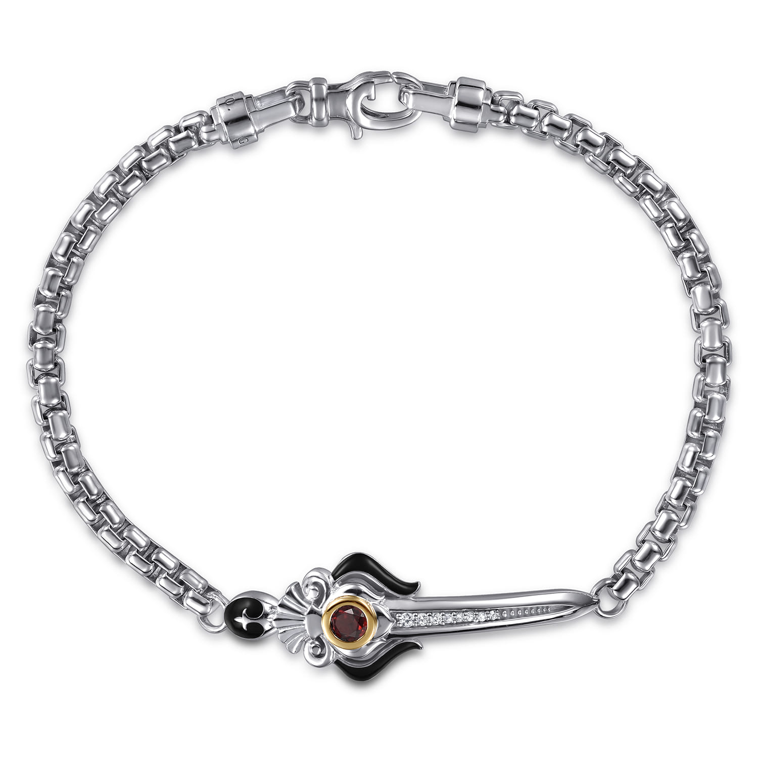 925 Sterling Silver and 14K Yellow Gold Garnet and White Sapphire Round Box Chain Bracelet With Dagger - Shot 1