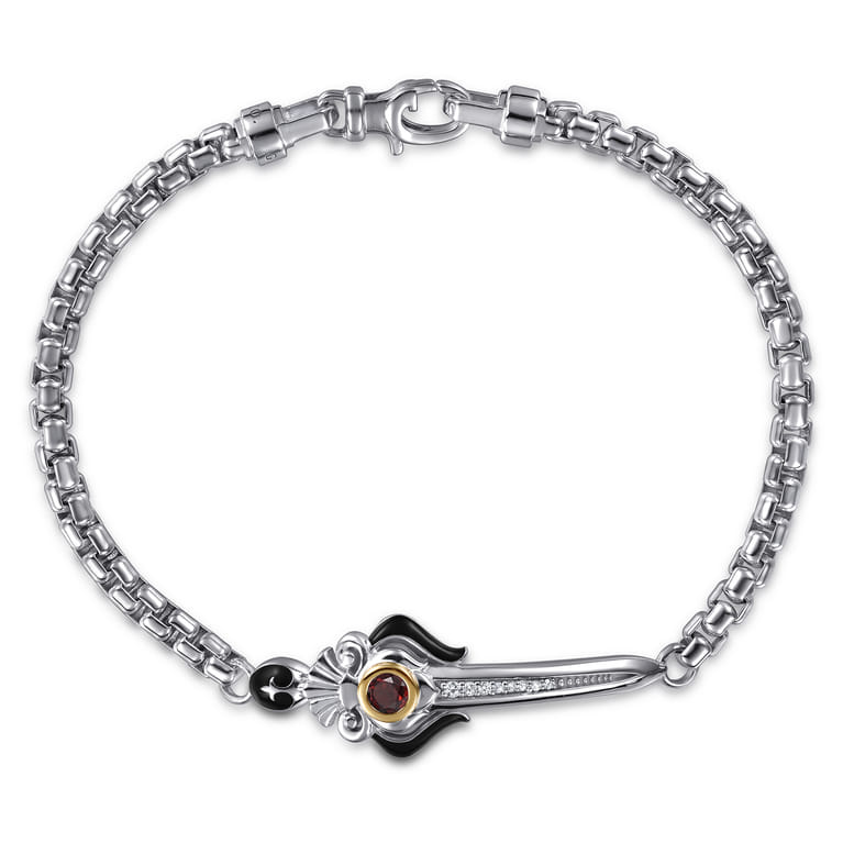 925 Sterling Silver and 14K Yellow Gold Garnet and White Sapphire Round Box Chain Bracelet With Dagger - Shot 1