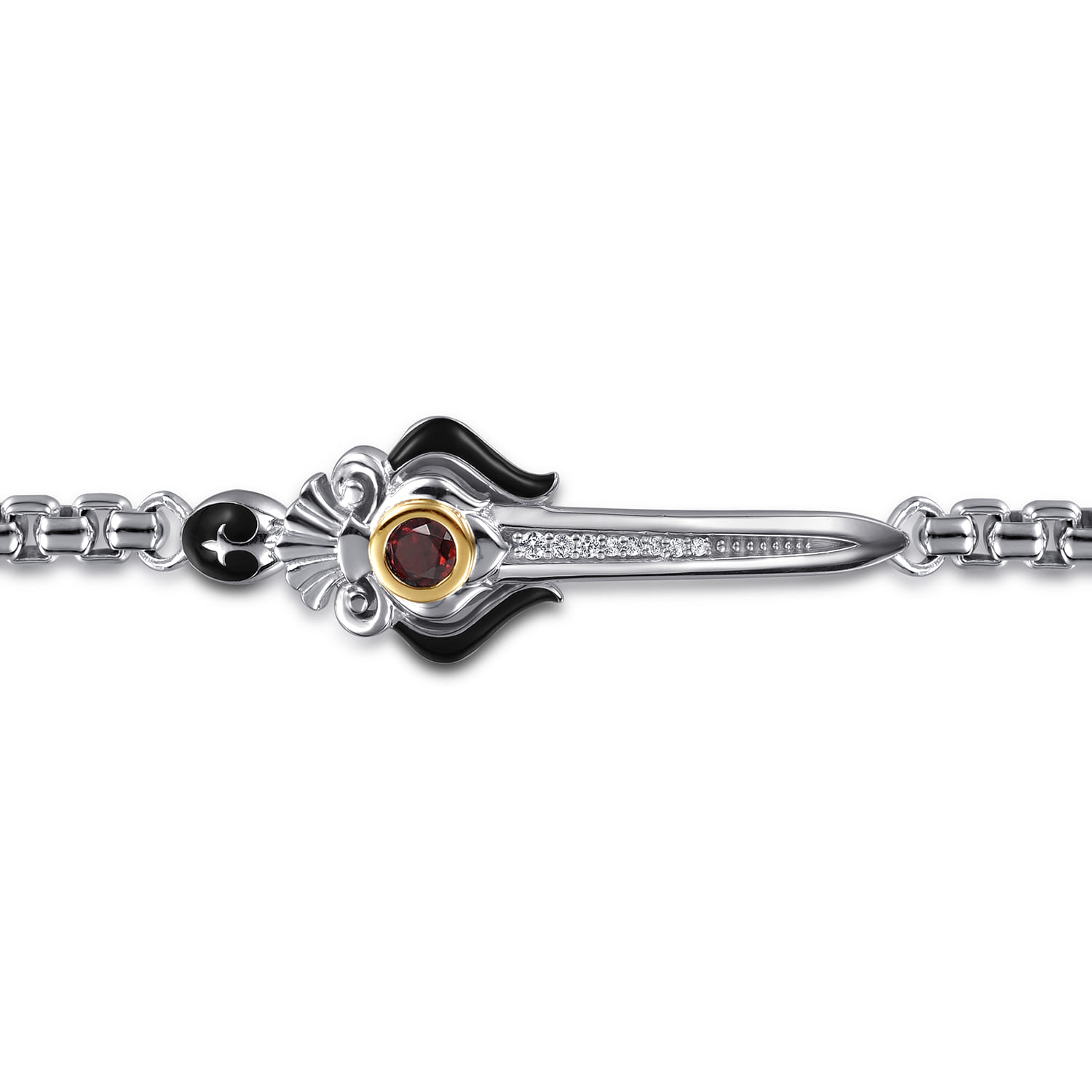 925 Sterling Silver and 14K Yellow Gold Garnet and White Sapphire Round Box Chain Bracelet With Dagger - Shot 2