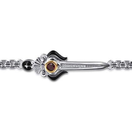 925 Sterling Silver and 14K Yellow Gold Garnet and White Sapphire Round Box Chain Bracelet With Dagger