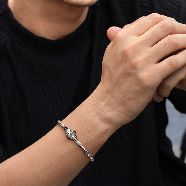 925 Sterling Silver and 14K Yellow Gold Garnet and White Sapphire Round Box Chain Bracelet With Dagger - Shot 4