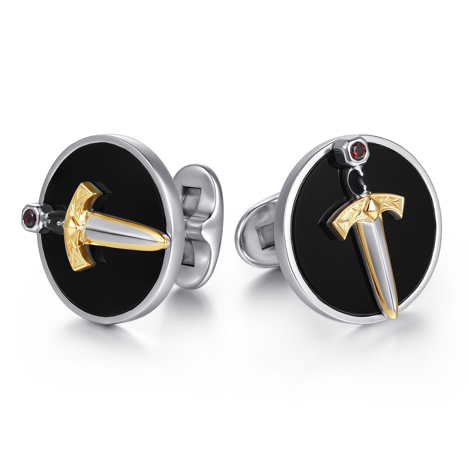 925 Sterling Silver and 14K Yellow Gold Onyx and Garnet Round Cufflinks with Dagger - Shot 1