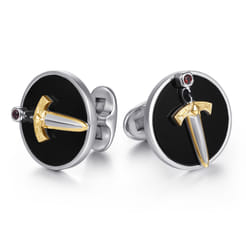925-Sterling-Silver-and-14K-Yellow-Gold-Onyx-and-Garnet-Round-Cufflinks-with-Dagger1