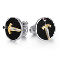 925 Sterling Silver and 14K Yellow Gold Onyx and Garnet Round Cufflinks with Dagger