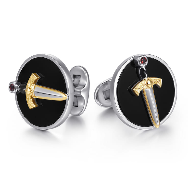925 Sterling Silver and 14K Yellow Gold Onyx and Garnet Round Cufflinks with Dagger - Shot 1