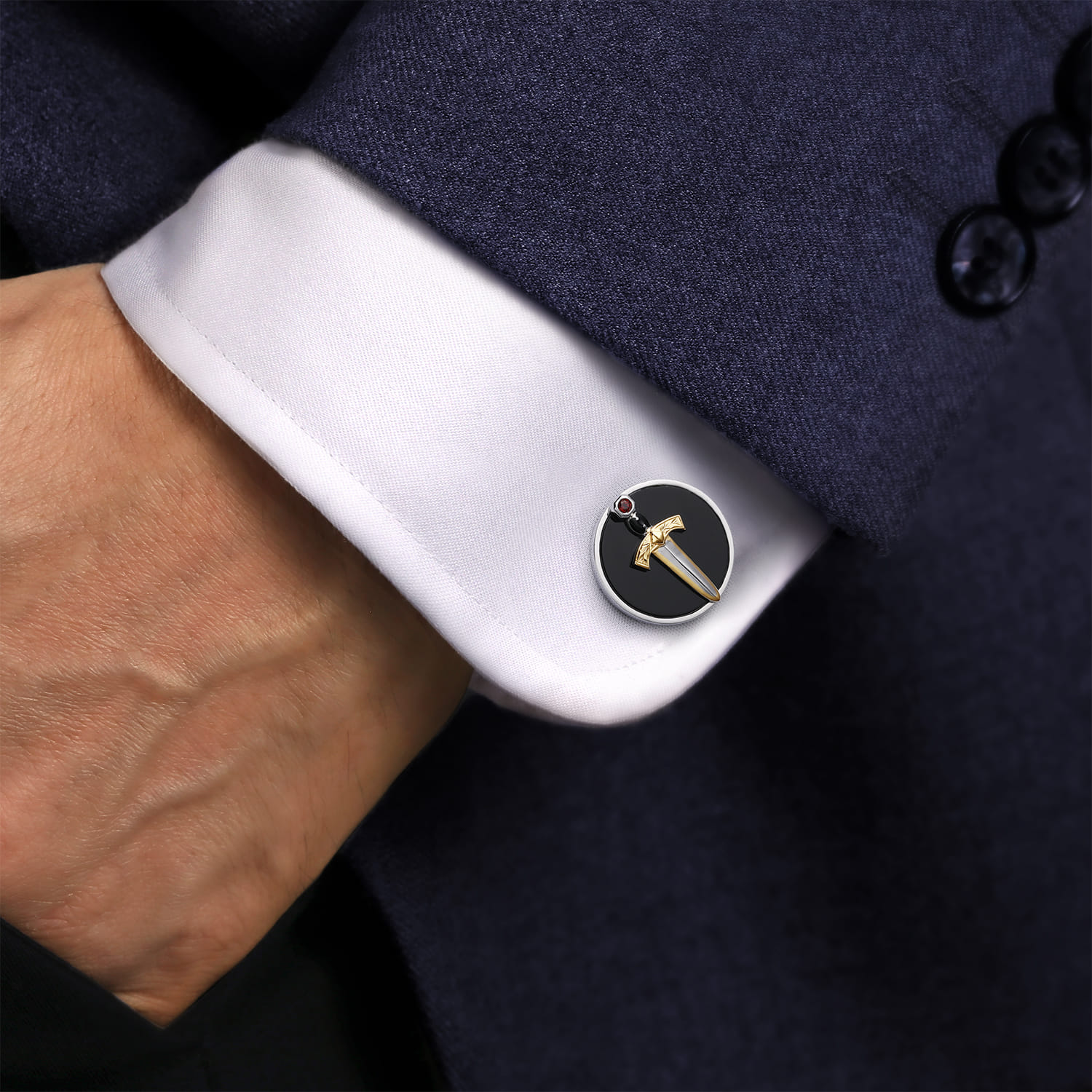 925 Sterling Silver and 14K Yellow Gold Onyx and Garnet Round Cufflinks with Dagger - Shot 3