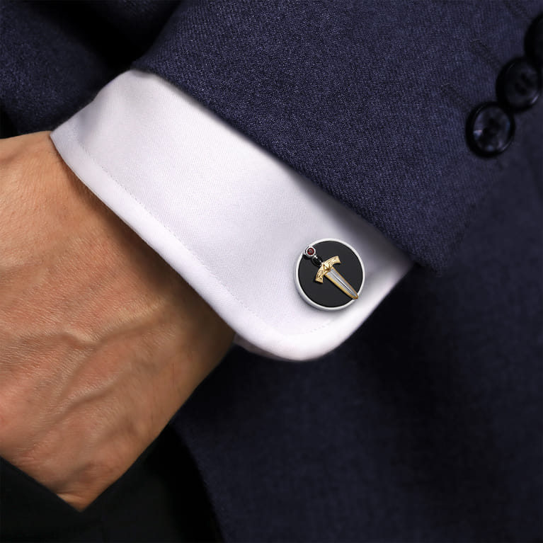 925 Sterling Silver and 14K Yellow Gold Onyx and Garnet Round Cufflinks with Dagger - Shot 3