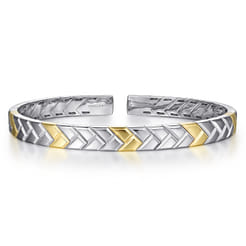 925 Sterling Silver and 14K Yellow Gold Open Herringbone Cuff Bangle