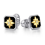 925 Sterling Silver and 14K Yellow Gold Startburst Cufflinks with Diamond and Onyx Slab